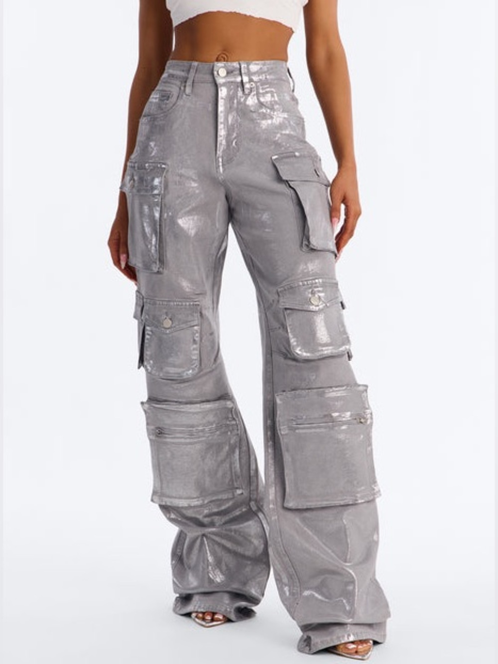 NWT Fashion Nova Time To Shine Foil Baggy Cargo Jeans Silver Metallic Size 9